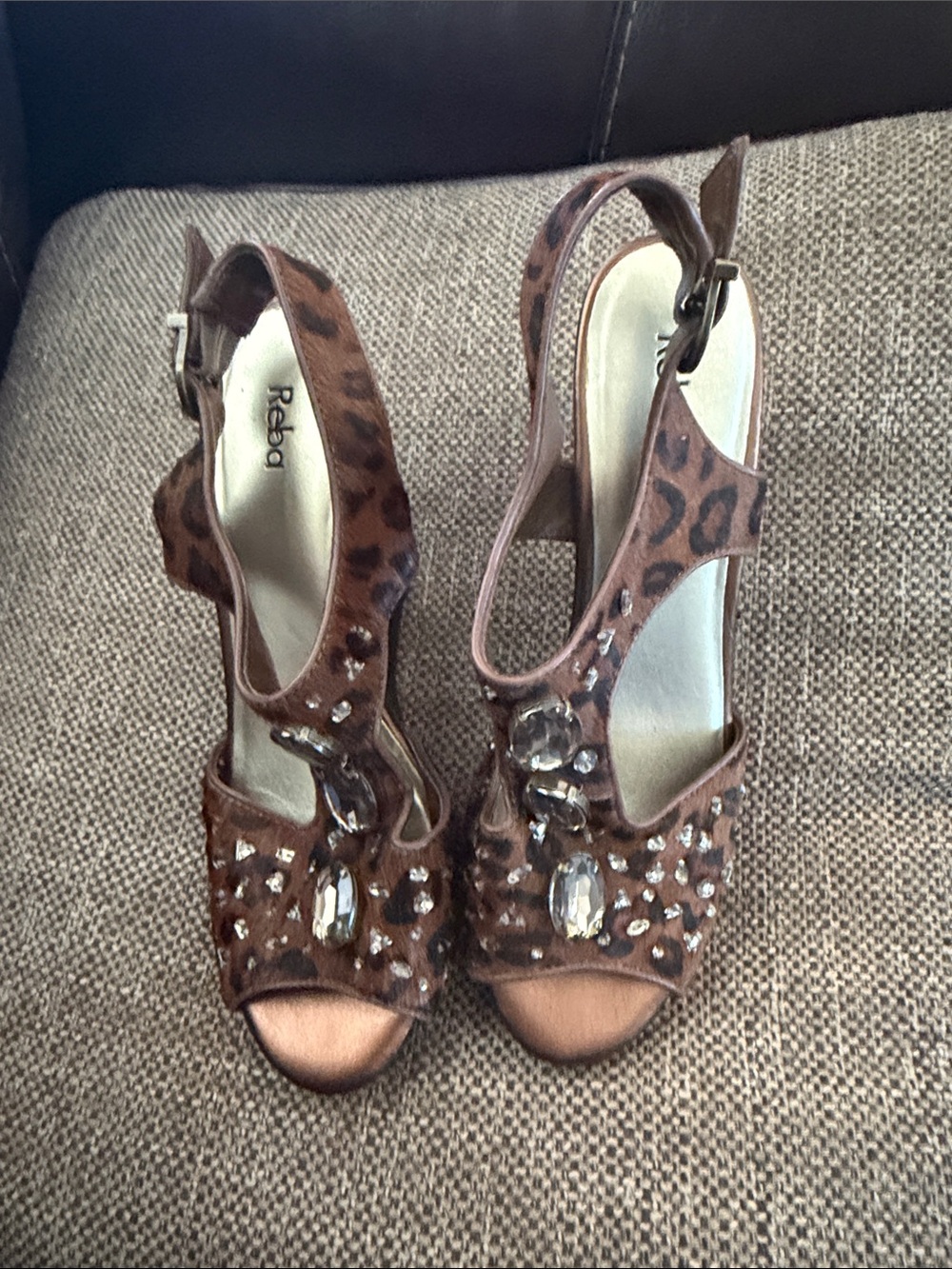 Reba Brown Leopard Jeweled Slingback Heels